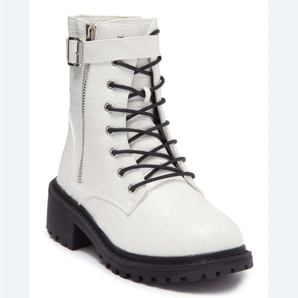 Catherine Malandrino Runner Croc Embossed White Combat Boots.